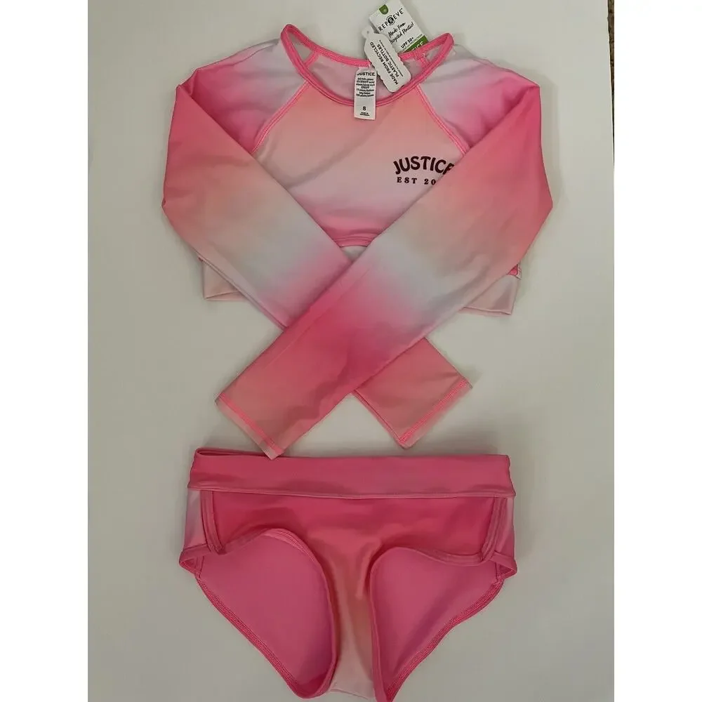 Justice Pink Cloud Ombré Raglan Rash Guard Bikini Swimsuit 2 Piece Set Size 8